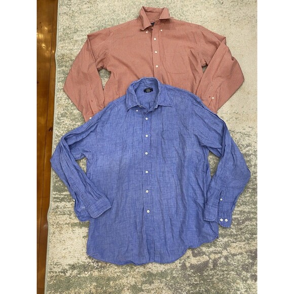 SET (2) Brooks Brothers 346 - Sz Large - Linen Shirt & Button Down Orange Plaid - Picture 1 of 13